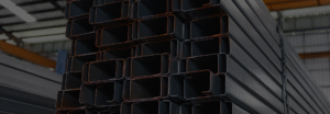 Stacked steel sections in storage