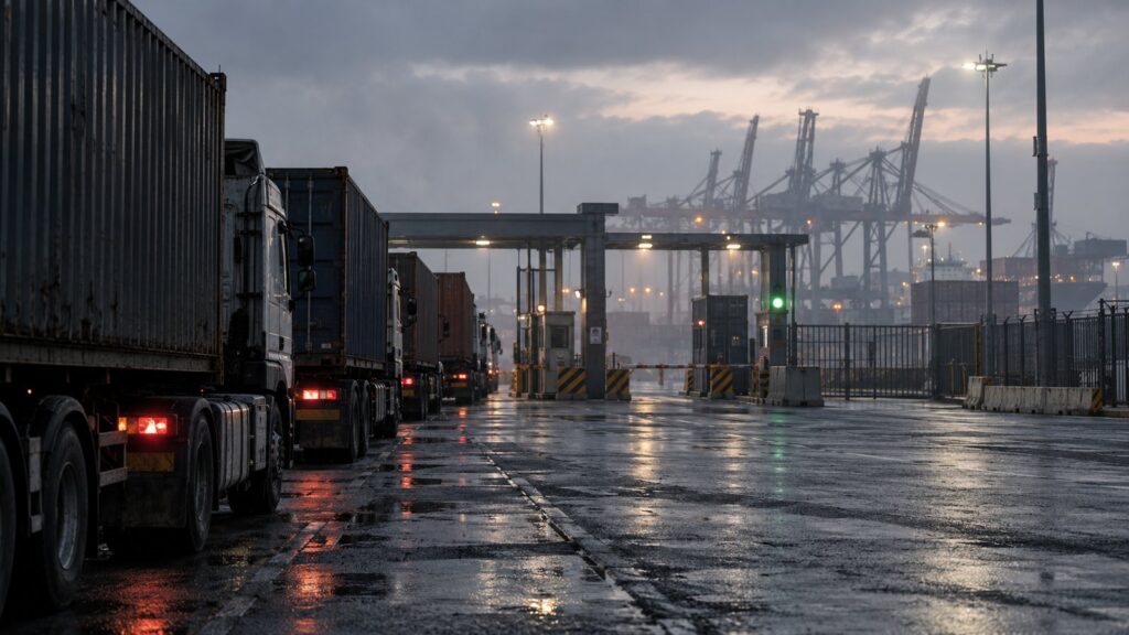 Trucks queuing at a container terminal gate